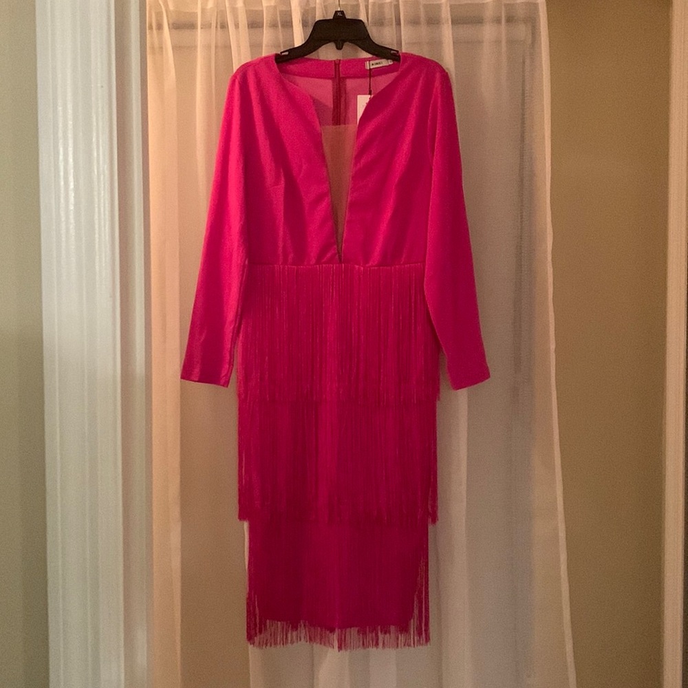 Pink Fringed Women’s V Neck Dress